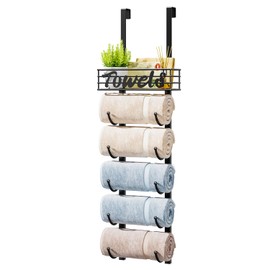 HapiRm Towel Racks for Bathroom Storage - 6 Tier Over The Door & Wall Mount Rolled Towel Storage Organizer Holder with Metal Shelf Basket for Small Bathroom, Camper, Rv - Black, Patented