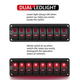 FXC Red 8 Gang Rocker Switch Aluminum Panel Toggle Dash ON/Off Pre-Wired Switches Rocker Switch Panel Waterproof for 12V/24V Automotive Cars Marine Boats RVs Trailers