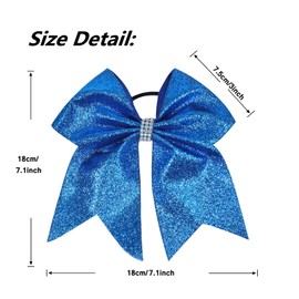Nishine 4 PCS 7" Glitter Cheer Hair Bows with Ponytail Holder Cheerleading Hair Ties for Teen Girls Cheerleaders (Sapphire)