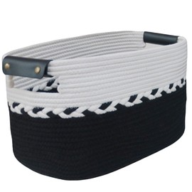 Aeknor Storage Baskets for Shelves, Woven Baskets for Towels, Toys and Blankets. Decorative Cotton Rope Organiser for Cupboard Storage, Books and Laundry with matching handles, 1-Pack (Black).