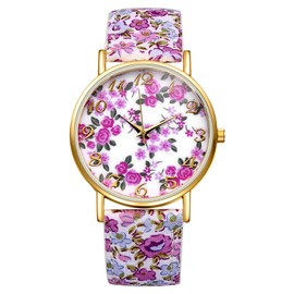 JewelryWe Womens Floral Canvas Watches: Analog Quartz Easy Read Big Dial Wristwatch Elegant Flower Dressing Watch