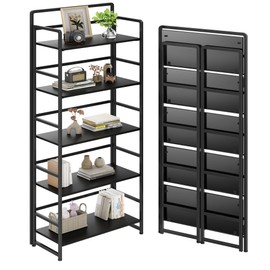 THKKY No Assembly Folding Bookshelf, 5 Tiers Collapsible Book Shelf for Home Office, Vintage Wood Foldable Bookcase Storage Organizer for Living Room Bedroom (Black)