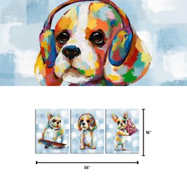 Kalormore Funny Dog Canvas Wall Art Colorful Puppy with Skateboard Headphone Pictures Painting Gallery Wrapped Framed Artwork for Girls Boys' Bedroom Bathroom Nursery Kids Room Home Office Decor