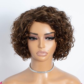 Rebecca Fashion Short Curly Human Hair Wigs for Black Women Side Part Cute Curly Bob Wig Brazilian Remy Non Lace Glueless Wigs Natural Looking Highlight Brown Blonde Color