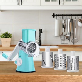 FITNATE Rotary Cheese Grater Hand Crank Stainless Steel Fruit Vegetable Shredder Dicer Cheese Cutter with 3 Changeable Stainless Steel Rotary Blades Drums - Blue (Hand Crank Slicer)
