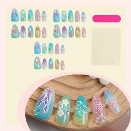 Summer Press on Nails Flower False Nails Long Almond Fake Nails Shell Pearl Starfish Flower Ocean Style Glue on Nail Full cover French Tip Gradient Stick on Nail for Women Beach Vacation Manicure Kit