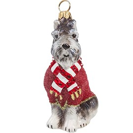 Joy to the World Grey Schnauzer in Red Sweater Polish Glass Christmas Ornament Pet Dog Poland New