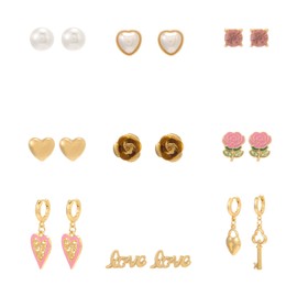 Madison Tyler 9Pcs Valentine's Day Earrings | Fun Rhinestone ove Heart Pearl Stud Earrings for Women | Valentine's Day Wedding Birthday Jewelry Gift, Zinc, Rhinestone