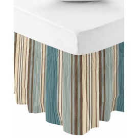 Teal Blue Green Striped Boho Bed Skirt Queen Size 18 Inch Drop,Adjustable & Elastic Wrap Around Bed Skirts Luxury Ruffles for Twin Full Queen Cal King Bed,Antique Southwestern Native Pattern Tribal