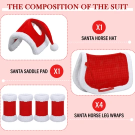 Abbylike 6 Pcs Christmas Holiday Santa Leg Wraps with Faux Fur Trim Holiday Santa Horse Hat All Purpose Santa Saddle Pad for Christmas Horse Costume Accessories(Red,Elegant Style)
