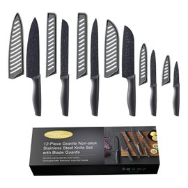 Marco Almond Kitchen Knife Set, KYA39 12-Piece Chef Knife Sets, 6 Knives with 6 Blade Guards, Stainless Steel Knives Set for Kitchen with Covers, Black