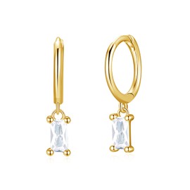 Baguette Dangle Hoop Earrings for Women, 14k Gold Plated Sterling Silver Small Huggie CZ Earrings with Drop Charm for Everyday