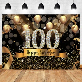 Sensfun 7x5ft Happy 100th Birthday Backdrop for Women Men Black Gold Balloons Glitter Dots Photography Background Fabulous 100th Birthday Party Decoration Supplies Cheers to 100 Years Photo Banner