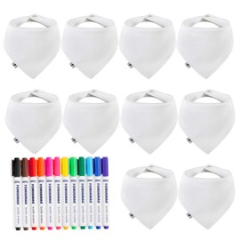 FUTURE FOUNDER Baby White Bibs for Painting, Triangular Scarf, 10 Cotton Burp Cloth and 12 Premium Markers, Textile Pens, Ideal for Designing and Painting, Perfect for Baby Shower