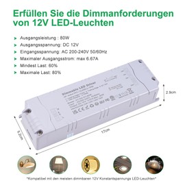 REYLAX LED Transformer 12 V Dimmable, TRIAC Dimmable Power Supply 12 V 80 W 6.66 A, Transformer 230 V to 12 V DC LED Driver, Constant Voltage Power Supply, Low Voltage Transformer for LED Lighting