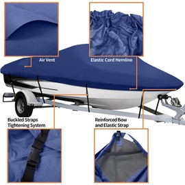 NEXCOVER Trailerable Boat Cover, Length: 16'-18.5' Beam Width: up to 94", Waterproof Heavy Duty Cover, Fits V-Hull, TRI-Hull, Runabout, Pro-Style, Bass Boat, Storage Bag & Tightening Straps Included.