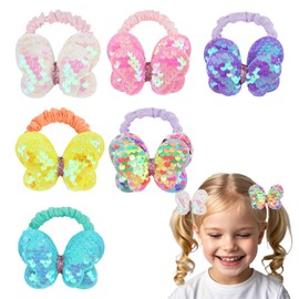 Padorul 6pcs Butterfly Hair Ties for Girls, Sparkly Rainbow Sequin Ponytail Holders - Cute Hair Accessories for Women