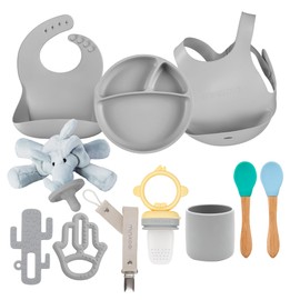 MinikOiOi Silicone Baby Feeding&Teething Set (11 pcs) Baby Bib, Plate, Mini Cup, Spoons, Teether, Sleep Buddy, Pulp