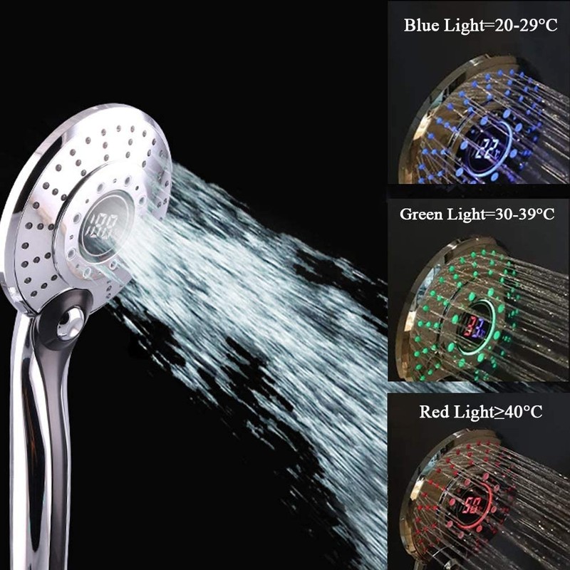 LED Shower Head Bathroom Hand Held 3-Color Temperature Control Color