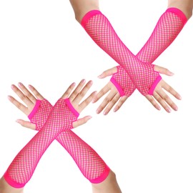 AOZUO 2 Pairs Pink Mesh Gloves, 80s Mesh Arm Warmers, Long Mesh Fingerless Mesh Neon Gloves, Stretch Mesh Gloves for Women Girls Costume Theme Party Emo Gothic Scene Accessories, pink