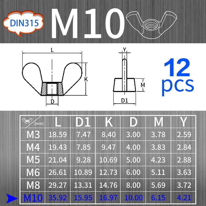 SWTYExt Wing Nuts M10, Pack of 12 Wing Nuts DIN