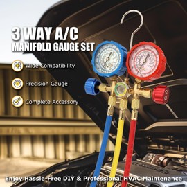 AURELIO TECH 3 Way AC Manifold Gauge Set, Fits for R134A R12 R22 and R502 Refrigerants, with 5FT Hose, Acme Tank Adapters, Quick Couplers and Can Tap