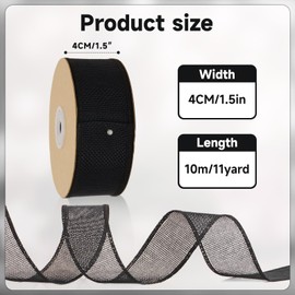 KINGLAKE 4cm Black Wired Burlap Ribbon, 10m Christmas Ribbon for Wreaths Gift Wrapping, Hessian Jute Wired Ribbon for Crafts,Making Bow, Christmas Tree & Wedding Decorations