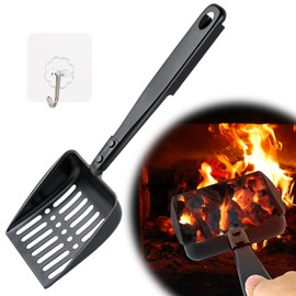 13 Inch Hollow Out Fireplace Ash Sifter Metal Black Coal Shovel Heat Resistant Scoop Charcoal Shovel Tools With Self-Adhesive Hook for Wood Stove Indoor Fire Pit