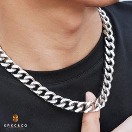 KRKC&CO Men’s Necklace, Width 0.3/0.5/0.6 inches (8/12/14 mm), 18K Gold Plating, Popular, Kihei (Curb) Miami Cuban Chain, Thick, Surgical Stainless Steel, Double Cut, Streetwear Accessories, Gift,
