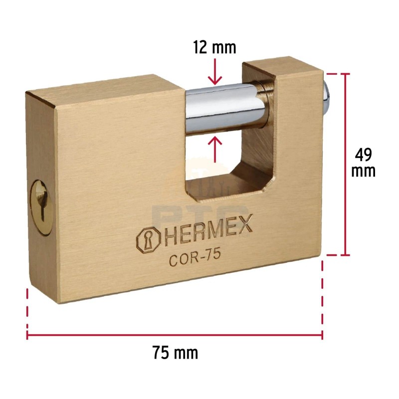 Hermex COR-75 Anti-Pry Padlock, 75mm, Traditional Keyed Brass Body
