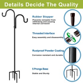 Double Shepherds Hook for Outdoor,94 Inch Bird Feeder Pole with 5 Prongs Base,Adjustable Heavy Duty Garden Hanging Holder for Hanging Plant,Solar Light,Weddings Decor,Hummingbird Feeder（1 Pack）