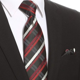 KissTies Mens Tie Set Grid Ties Red Black Plaid Necktie + Pocket Square
