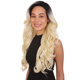 LUXLUXE Nala 27-inch Curly 4.5" C Parting Swiss Lace Front Wig with Baby Hair, Heat Resistant Synthetic Fiber Hair, (Platinum Blonde)