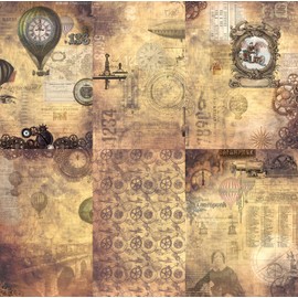 Steampunk Mix Rice Paper, 20.32 x 26.67 cm - 6 x Different Printed Mulberry Paper Images 30gsm Visible Fibres for Decoupage Crafts Mixed Media Collage Art
