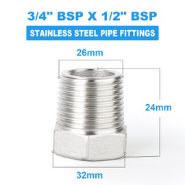 ERGAOBOY 5 Pcs Reducer Hex Bushing, 3/4" Male to 1/2" Female BSP, 304 Stainless Steel Reducing Pipe Adapter Fitting