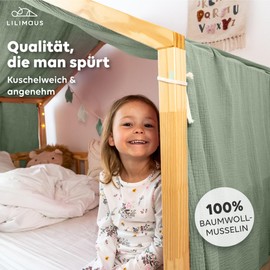lilimaus House Bed Canopy, Made of 100% Cotton Muslin, Handmade, Fabric Bed Decoration, Girls and Boys, Children, Bed Curtain for Children's Bed, Green