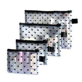 TRAKWAN 4-Piece Heart Printed Mesh Makeup Bag Set, Portable Travel Mesh Cosmetic Bags Toiletry Bags Makeup Purse Bags Mesh Zipper Storage Pouches for Home Offices Travel Accessories (White)