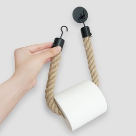 WONQEXZ Nautical Rope Toilet Paper Holder - Self Adhesive, No Drill Required, Black, Stainless Steel and Cotton Rope