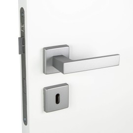 JUVA Door Handle Set Aluminium Door Fitting Chrome Silver Matt Door Handle Room Door on Square Rosette BB Deadlock Door Handle Set Interior Door Push 1317 1 Door Set with Mounting Material