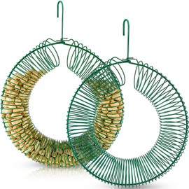 Patelai 2 Pieces Hanging Wreath Feeder Whole Peanut Wild Bird Feeder Wreath Round Metal Bird Feeders with Hanging Hook for Outdoor Birds and Squirrels Feeding, 11.8 x 16.5 Inch(Green)