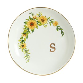 COLLECTIVE HOME - Ceramic Jewelry Tray, Trinket Dish for Rings Earrings Necklaces Bracelet Watch Keys, Birthday Mother's Day Christmas Gift for Women, 4.75", White Surface wirh Sunflowers (s)