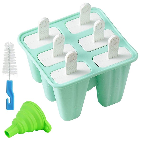 Helistar Popsicle Molds 6 Pieces Silicone Ice Pop Molds BPA Free Popsicle Mold Reusable Easy Release Ice Pop Maker with Silicone Funnel and Cleaning Brush, Green