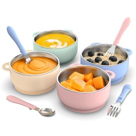 Bakpoco Toddler Bowls with suction & Utensils Set, 2-in-1 Stainless Steel 304 Kids Feeding Bowl & Silicone Suction Baby Bowl with Spoons and Forks, First Self-feeding Training Set, Organic Bloom