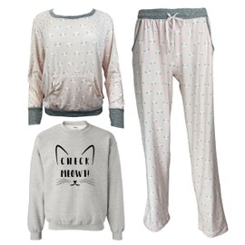Hey You, Love Women's Ultra Soft Long Sleeve 3 Piece Cat Themed Cattitude Pajama Set with Pockets (US, Alpha, Large, Regular, Regular, Check Meowt Grey)