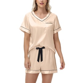 Atxnn Womens Pyjamas Silk Satin Pjs Set Summer V-Neck Loungewear Two Piece Soft Chic Nightwear Short Sleeve Top and Shorts Sleepwear Champagne