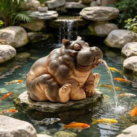 Hippo Water Spitter Statue for Pools and Ponds - Outdoor Resin Fountain Sculpture with Realistic Water Flow Garden Decor