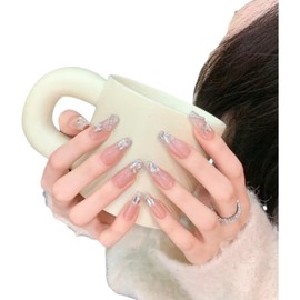 Press On Nails, Pink Natural with Silver Glitter Tips, Long Coffin Shape, 24 Pieces