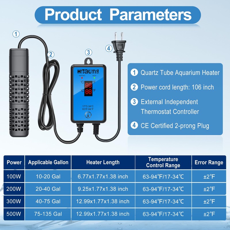 HiTauing Aquarium Heater, Upgraded 100W Fish Tank Heater with Intelligent