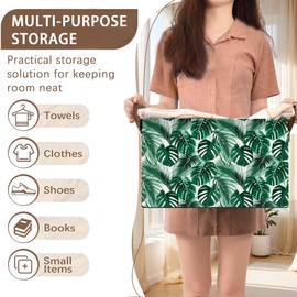 Palm Banana Leaf Rectangular Storage Basket,Collapsible Fabric Storage Container with Leather Handle Metal frames Storage Box for Clothes Storage Home,Closets,Bedrooms and Gifts Baskets,1PCS