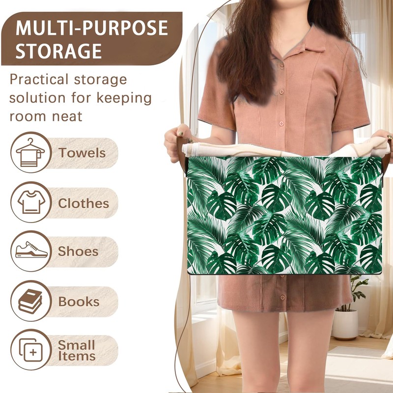 Palm Banana Leaf Rectangular Storage Basket,Collapsible Fabric Storage Container with